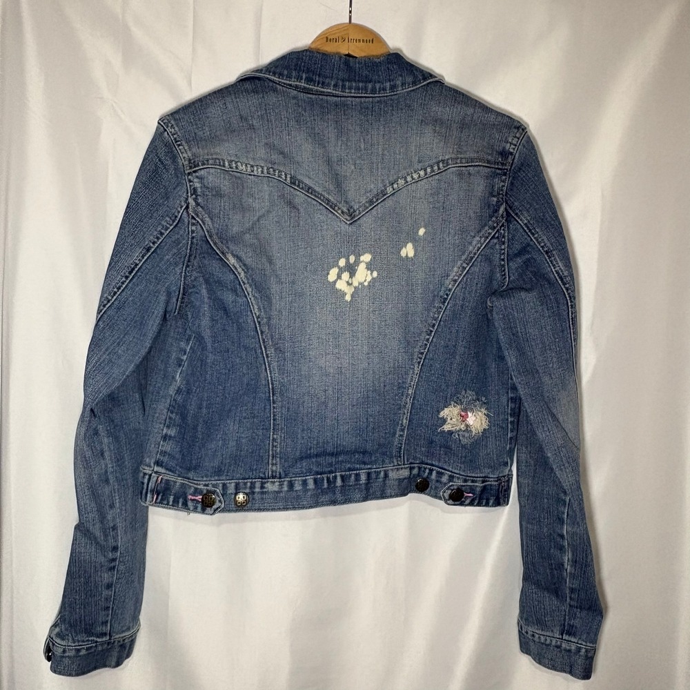 Vintage‎ Plugg Denim Jacket Womens Blue Distressed Bleach Floral Y2K Trucker - Picture 4 of 10